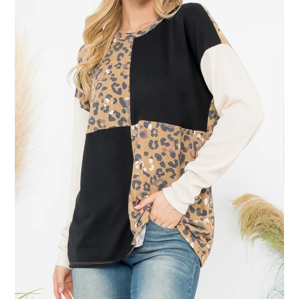 13 Boho Color Block Contrast Leopard Long Sleeve Top